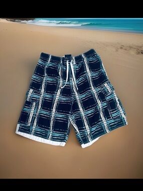 Banana Split Black w/White,Tan,& Turquoise Horizontal & Vertical Stripes SZ LRG